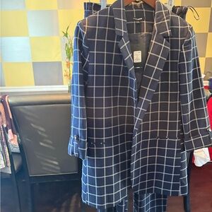 Navy Blue Checkered Blazer & Pants Set